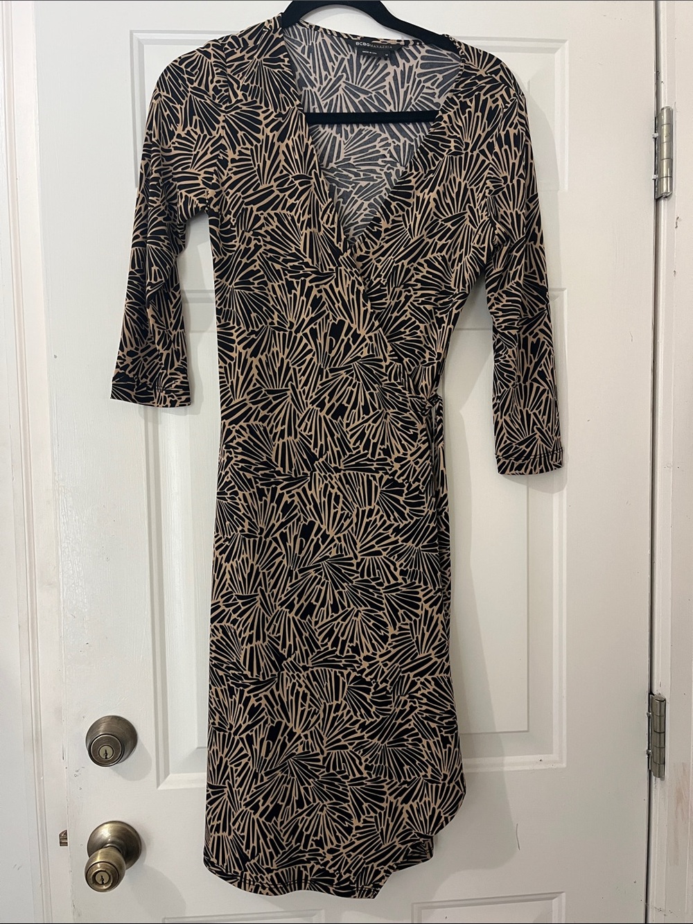 BCBGMaxAzria Black and Beige Abstract Print wrap around  Dress